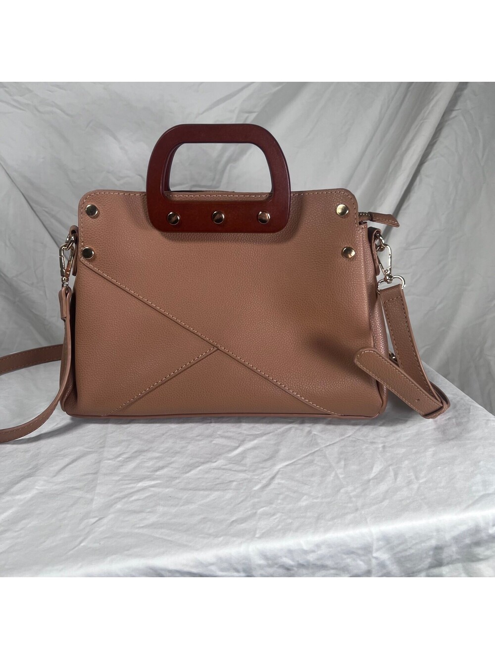 Madison West Taupe Faux Leather Satchel Crossbody Wood Handles Gold Studs
